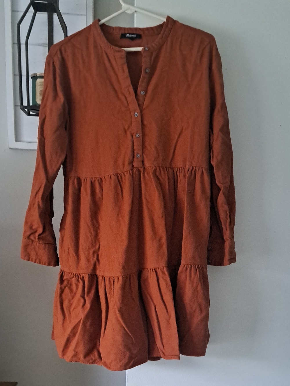 Rust Tiered Button-Front  Dress - 3/4 Sleeve
